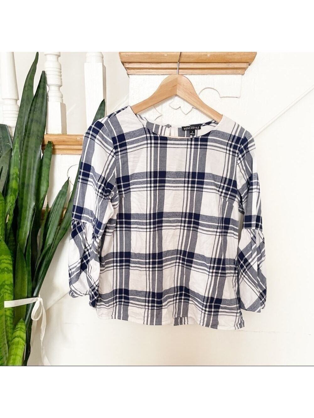 J. Crew Blue and White Plaid Flannel Bell-Sleeve Top Size 2